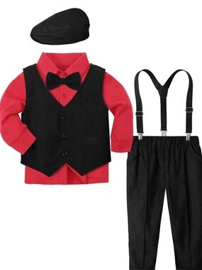 Kids Red & Black Formal Matching Set with Bow Tie and Suspenders